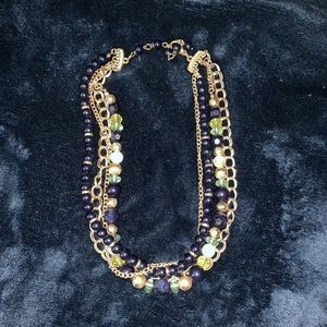 Multi strand necklace with navy, gold and green